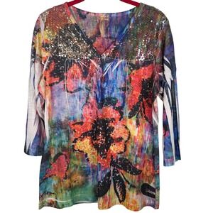 Susan Lawrence Womens Art Multi Color Floral Sequins VNeck 3/4 Sleeve Top Size S